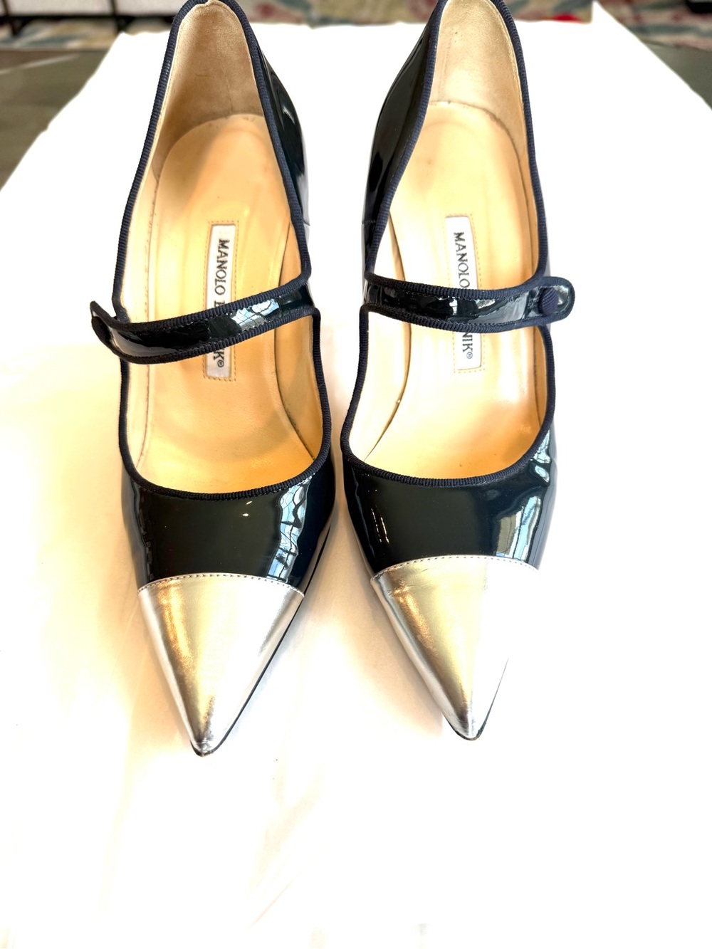 Manolo Blahnik Navy Patent Mary Jane Pumps with Silver Cap Toe Size 38